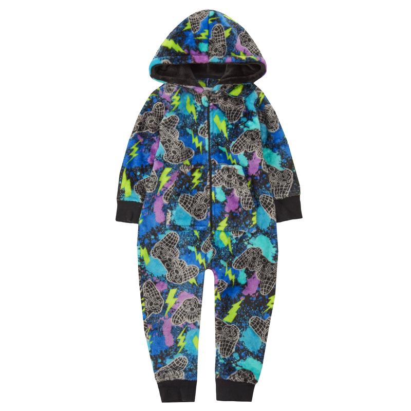 Kids Boys Gaming Onesie Gamer All in One Jumpsuit Plush Fleece Childs Boy Hooded Game Themed One Piece Pyjamas Cuffed Long SleeveWarm Cosy Zip Up Navy All Over Printed 3 4 5 6 Years 5