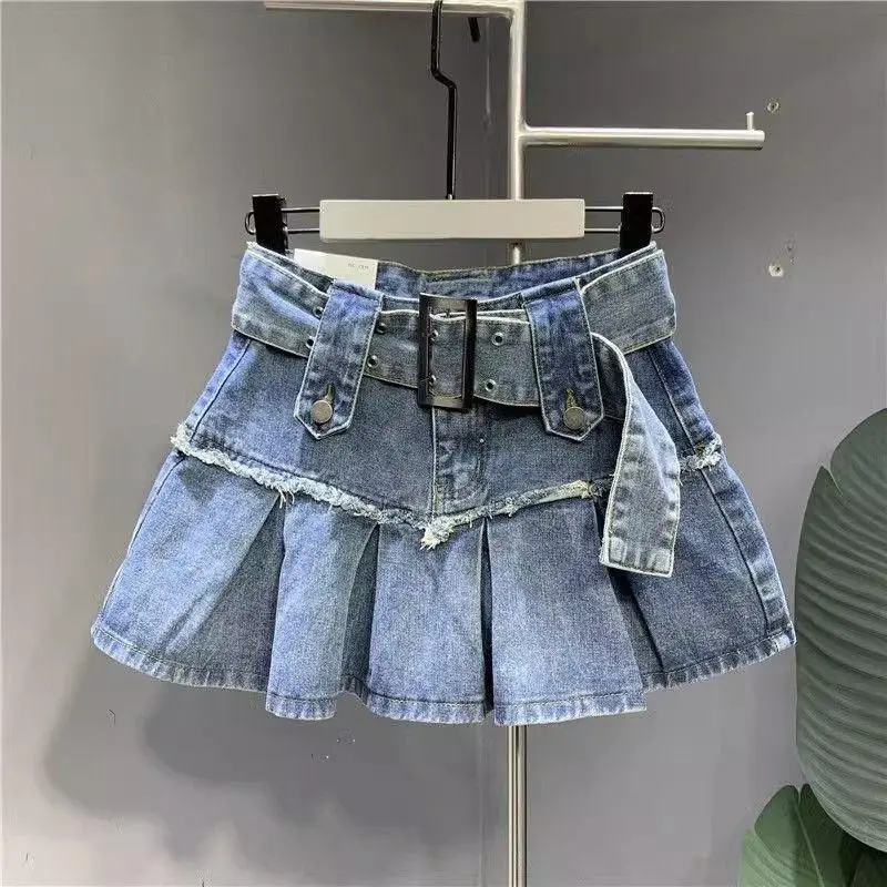 new-Harajuku Vintage Light Blue Sweet Pleated Denim Skirt Women Y2K Street Fashion New Popular Slim A-shaped Half-length Hip Skirt