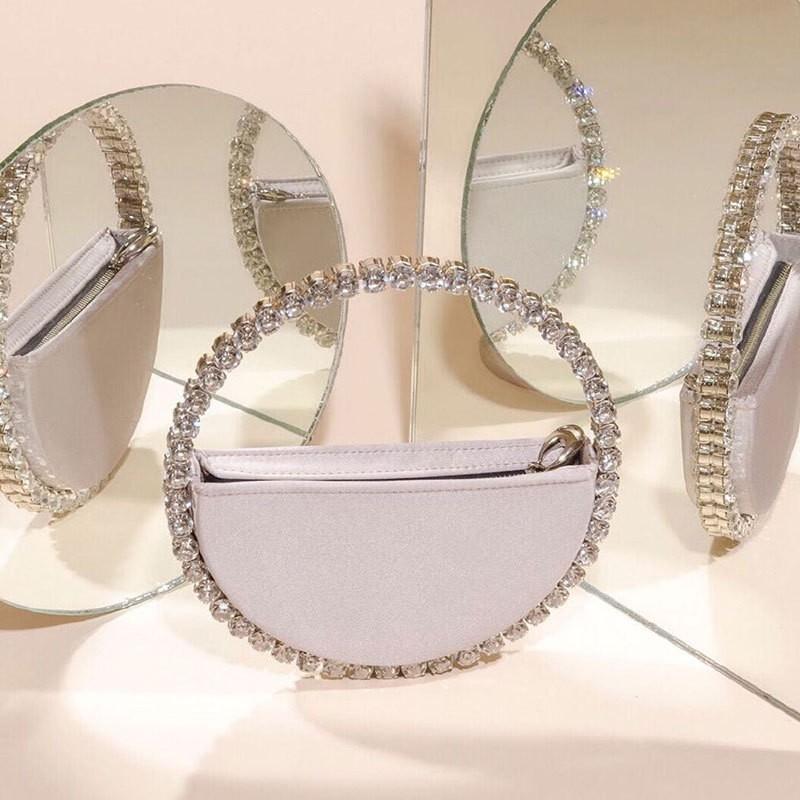Product Introduction of New Arrival Trendy Women Chic Round Satin Crossbody Hand Bag with Round Bling Crystal Handle Evening Party Bag Purse 8