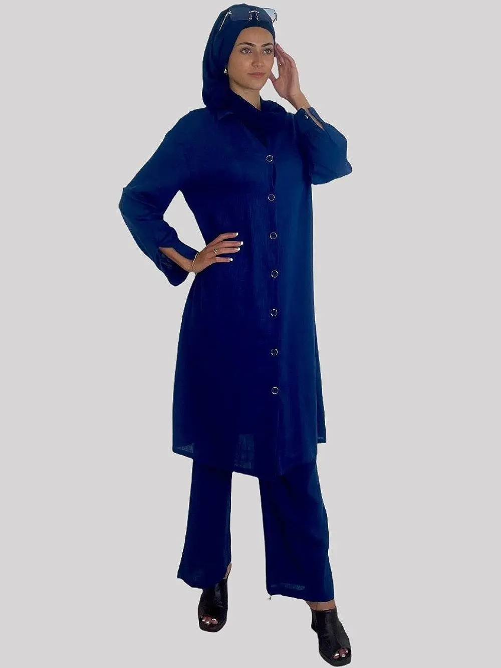 Deep V Neck Button Down Kurti And Wide Long Leg Trousers Traditional Lightweight Coord Set TALL
