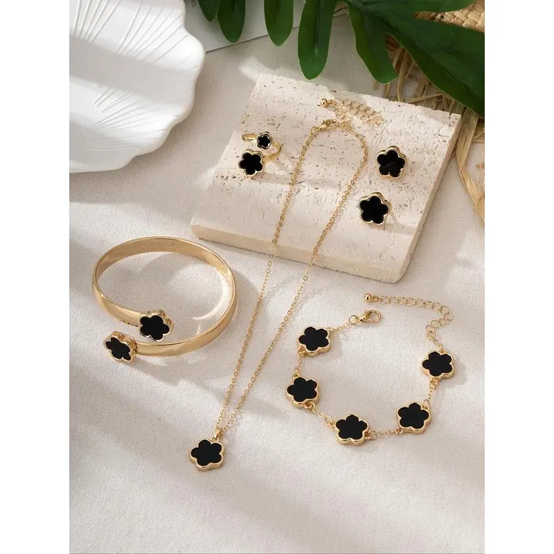 Lucky flower shaped jewelry set, 6 counts charm necklace & bracelet & Ring & stud earring 2