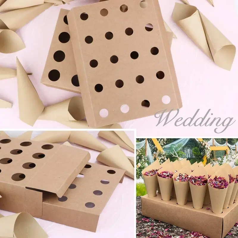 50Pcs Wedding Confetti Cones with Cones Tray Box Kraft Paper Cones Petals Bouquet Candy Chocolate Cones Holders for Wedding Party Favour Gifts, Include Hemp Ropes and Tape (Brown) 4