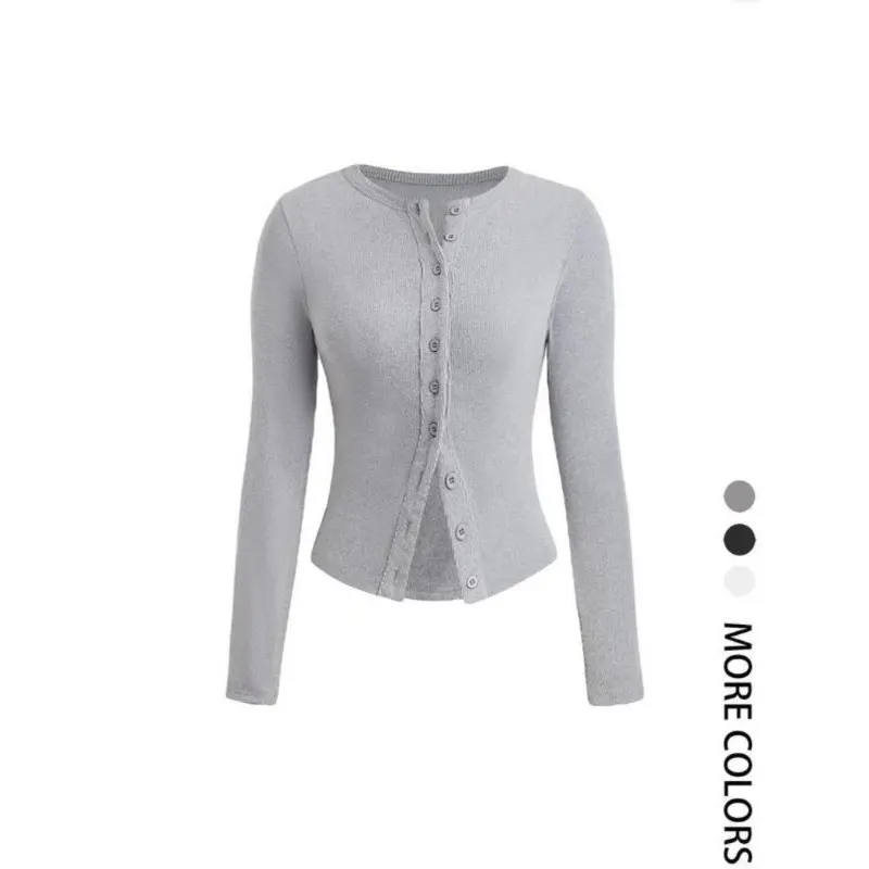Women's Plain Button Front Ribbed Tee, Casual Long Sleeve Round Neck T-shirt for Spring & Fall, Women's Top for Daily Wear, Sassyandclassyclothing