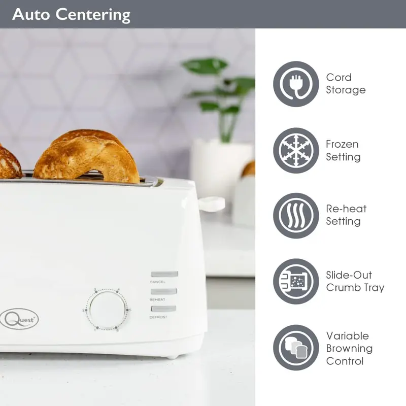 4 Slice Toaster White - Extra Wide Long Slots for Crumpets and Bagels - 6 Settings - Reheat and Defrost 3