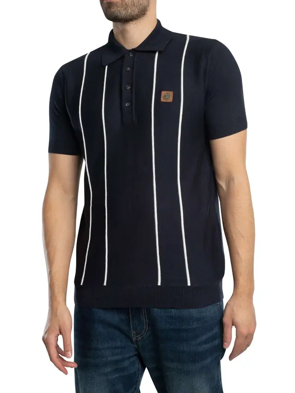 Trojan Raised Stripe Fine Gauge Knitted Polo Shirt - Navy 1