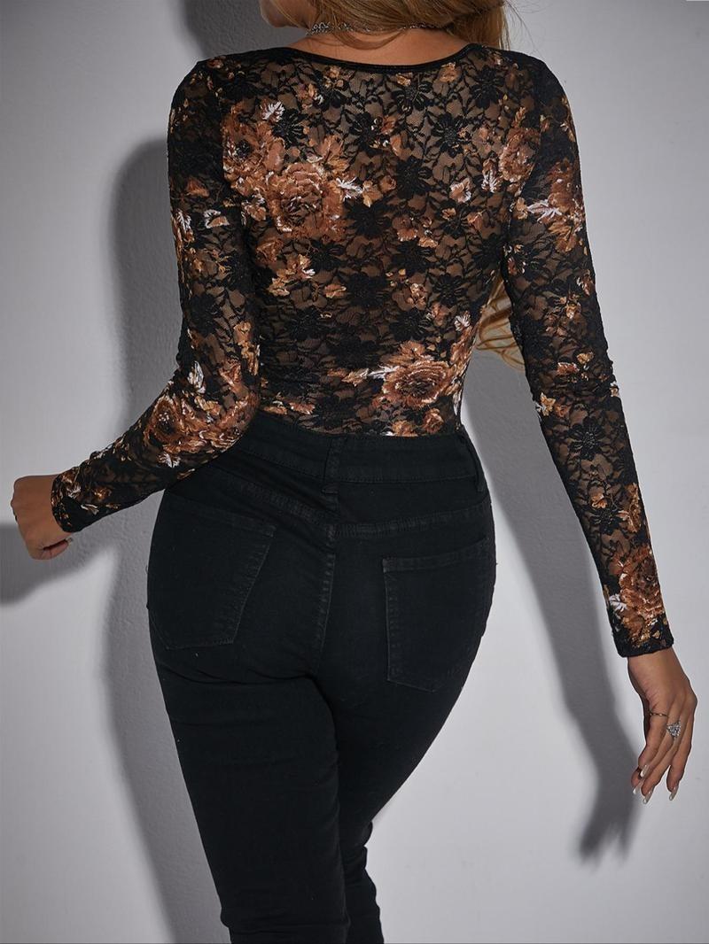 Product Introduction of Women's Floral Lace Corset Sheer Bodysuit, Long Sleeve Sweetheart Neck Button Bodysuit for Daily Wear, Ladies Clothes for All Seasons, Valentine's Day Gift for Girl Valentine's Day, Gift, Lace Bodysuit 8