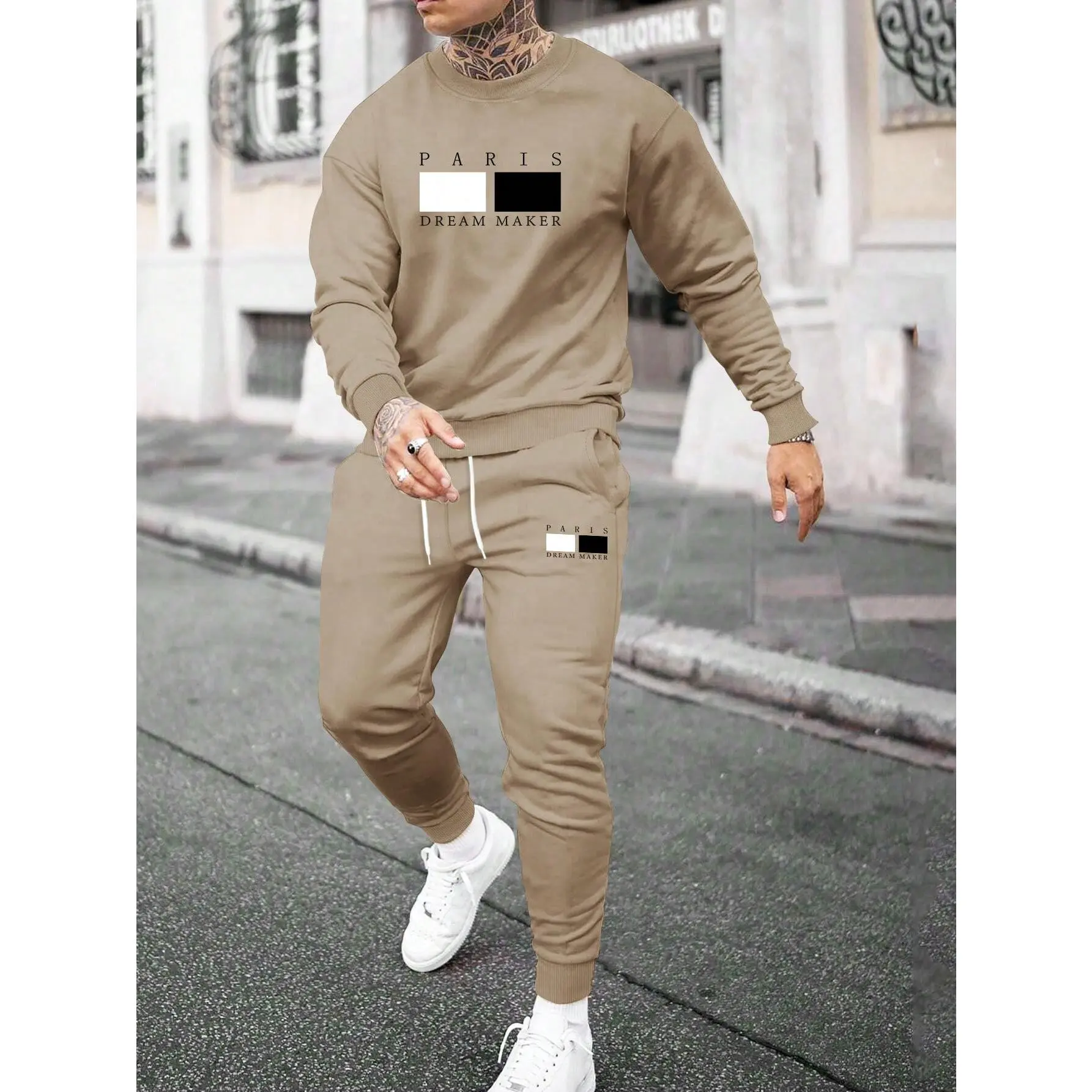 Manfinity Homme Men's Letter Printed Round Neck Sweatshirt And Drawstring Waist Sweatpants Two Piece Set Long Sleeve Clothing
