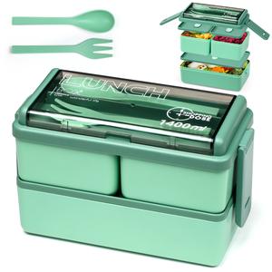 1400ml Leak-Proof Stackable Bento Box, 2 Layers with 3 Compartments & Cutlery, BPA-Free Meal Prep Container for Office & School, Lunch Box, Green Tableware For  Kids