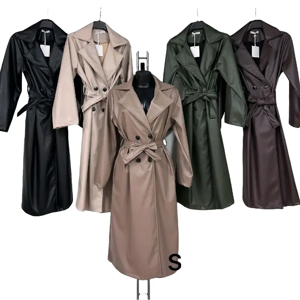 New Ladies Italian Leather Look Trench Coat - Fashionable Long Jacket for Women - Womenswear, Tops