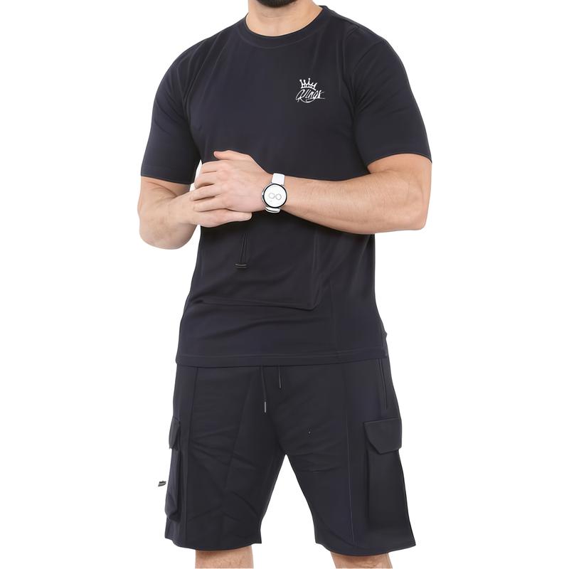 Mens Short Sleeve Short & T-Shirt Set Gym Jogging Lightweight Sweat Top Tee Chest Pocket Cargo Fleece Shorts 3