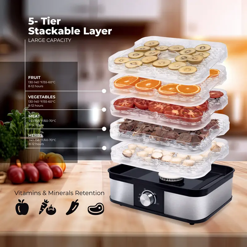 ARTECH Electric Food Dehydrator - 5 Tray Fruit Dryer Machine, 245W, Adjustable Temperature Control 40-70℃, BPA-Free Trays, Healthy Natural Snacks, Jerky, Fruits, Vegetables, Mushrooms, Herbs & Seeds 7