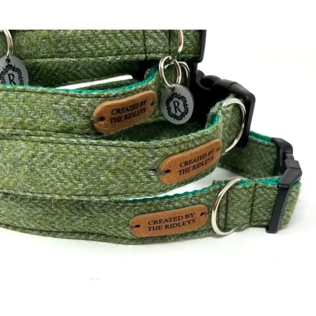 Dog Collar with matching Lead and Bow Tie - Green Herringbone Tweed