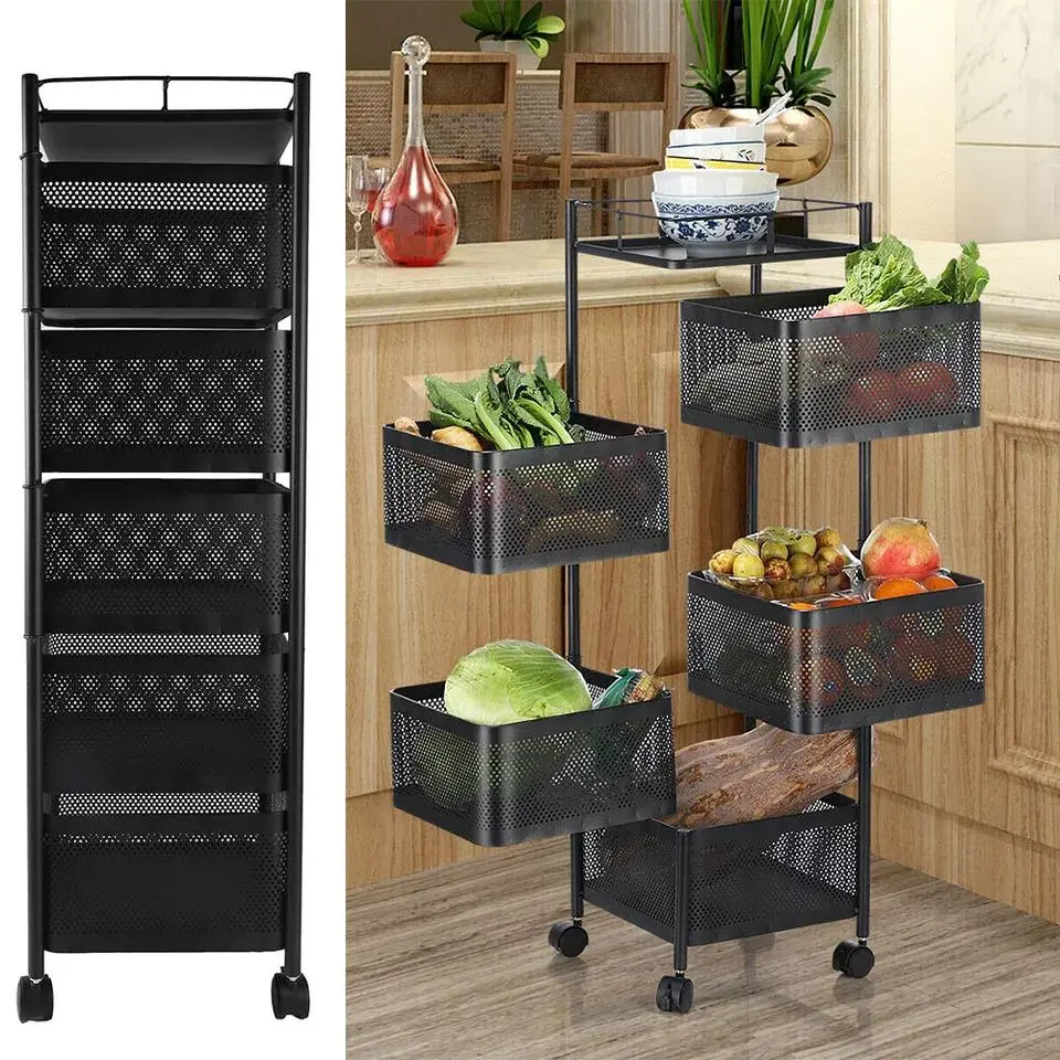 6 Tier Kitchen Rotating Storage Trolley Cart Utility Vegetable Mobile Shelf Rack Organiser