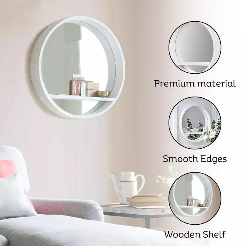 Round Wall Mirror Shelf White Porthole Bathroom Decor Home Hanging Bedroom Mount 6