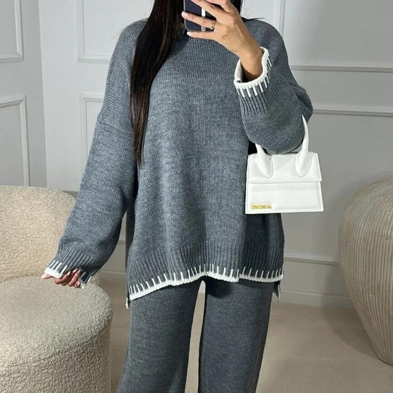Women's Stitched Knitted Jumper Top Wide Leg Trousers 2PCS Co ord Loungewear Set Long Sleeve Winter Basic Comfort Womenswear Casual Comfortable Coord Fit Overalls 7