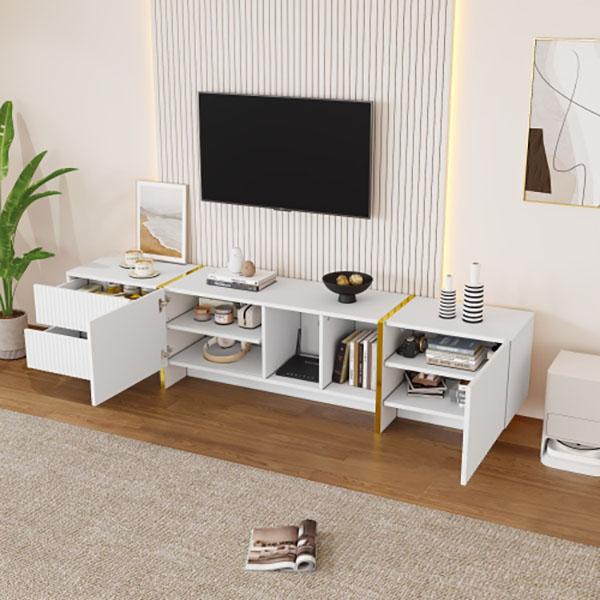 TV Stand for 85inch TV, Entertainment Center with Storage Cabinet and Open Shelves, Embossed Pattern TV Stand, TV Cabinet and Media Console for Living Room, Bedroom, White 8