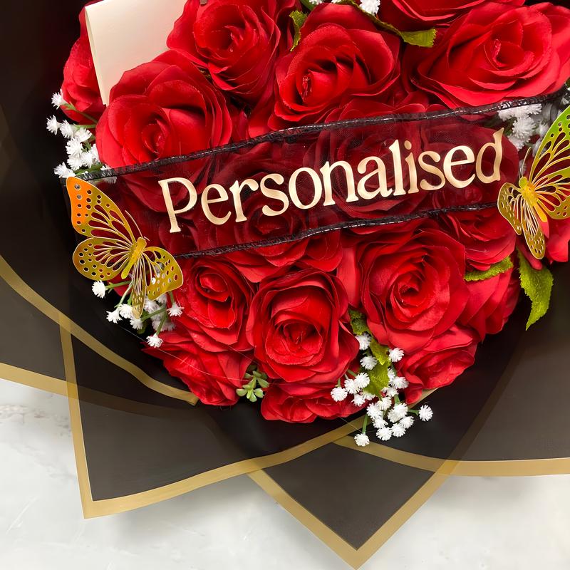 Beautiful Personalised Red Rose Bouquets Red/Pink/Purple/Grey - Inc. Two Butterflies, Postcard & Ribbon Message - The Perfect Gift For Any Occasion valentines flowers Decor Decorative 3