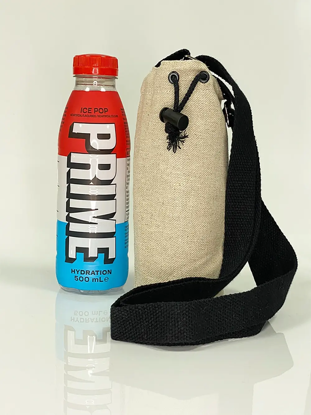 Water Bottle Cotton Canvas Carrier Bag, with Cross Body Adjustable Strap, Hemp Cotton, Drawstring Closure Drinkware Tumbler Cup Travel Mug