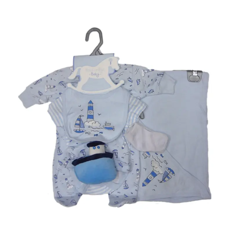 Baby Boys Layette, 7 Pieces, Clothing with Toy, Pure Cotton, Boat Theme, Newborn Baby Shower Gift, Blue, 3-6 Months 0