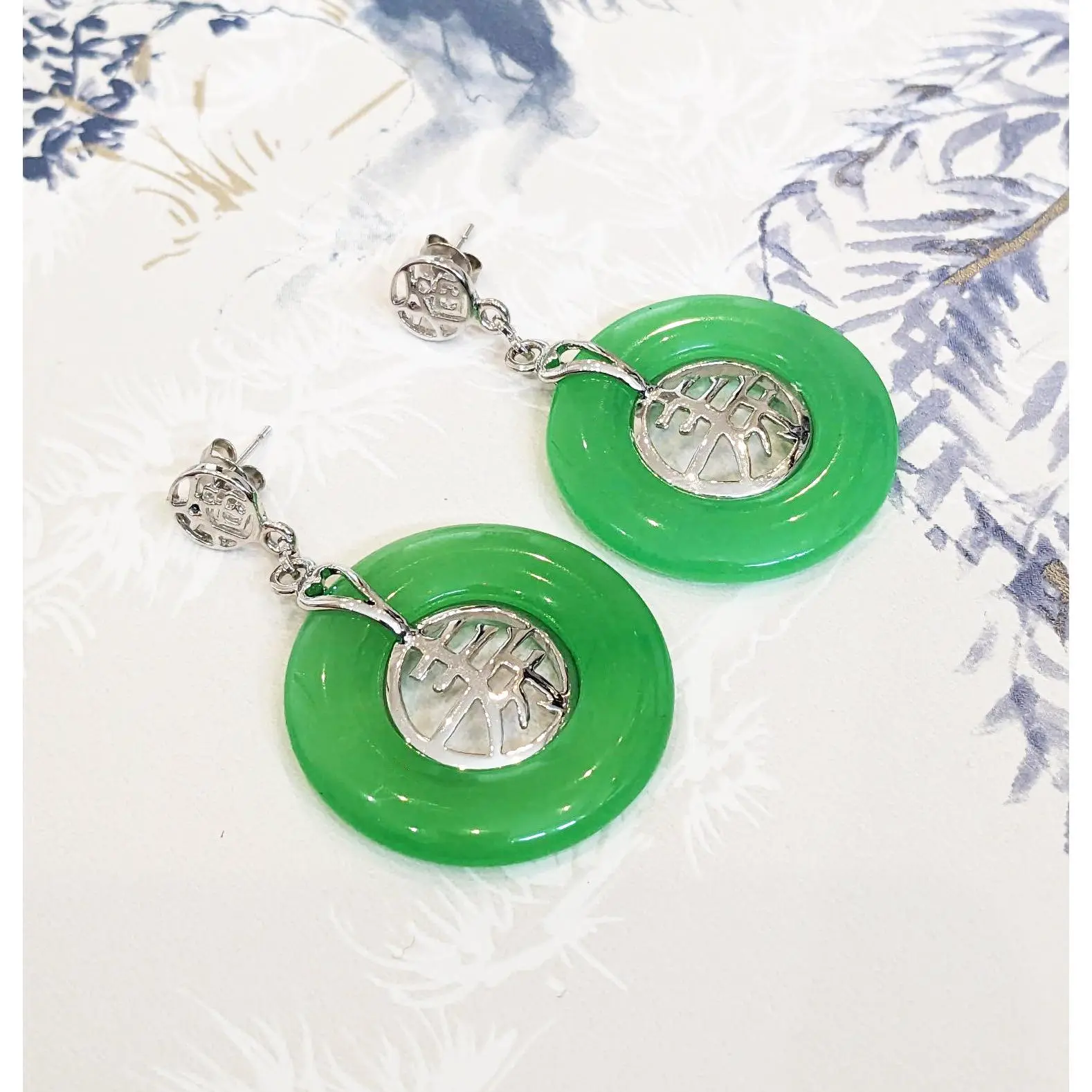 Lucky Grade A Natural Green Jade & 925 Sterling Silver Good Health Earrings