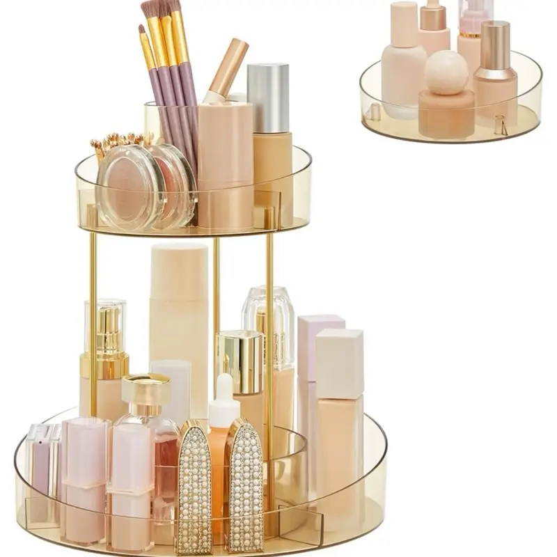 Makeup Organiser Rotating, Extra Top Tray Included, 2-Tier Round Skincare Organiser, Customisable, Large Capacity, Versatile for Vanity Bedroom Kitchen, Champagne Gold