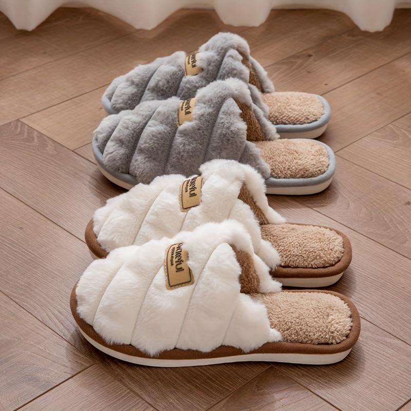 Warm Cozy Slippers - Plaid Colorblock Non-Slip Indoor Home Shoes with Soft Faux Rabbit Fur Lining for Men & Women Footwear Flipflop Girl Slide 3