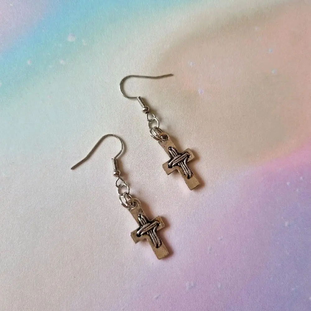 Christian Cyber Punky Grunge Crucifix Cross Earrings - Stainless Steel Hooks