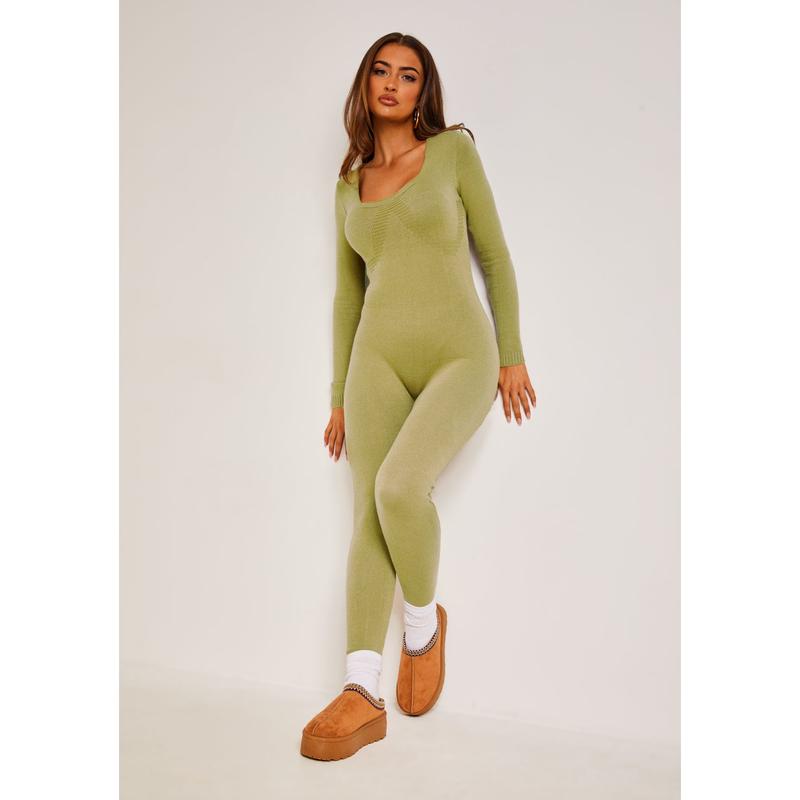 Missy Empire Olive Knitted Long Sleeve Jumpsuit 0