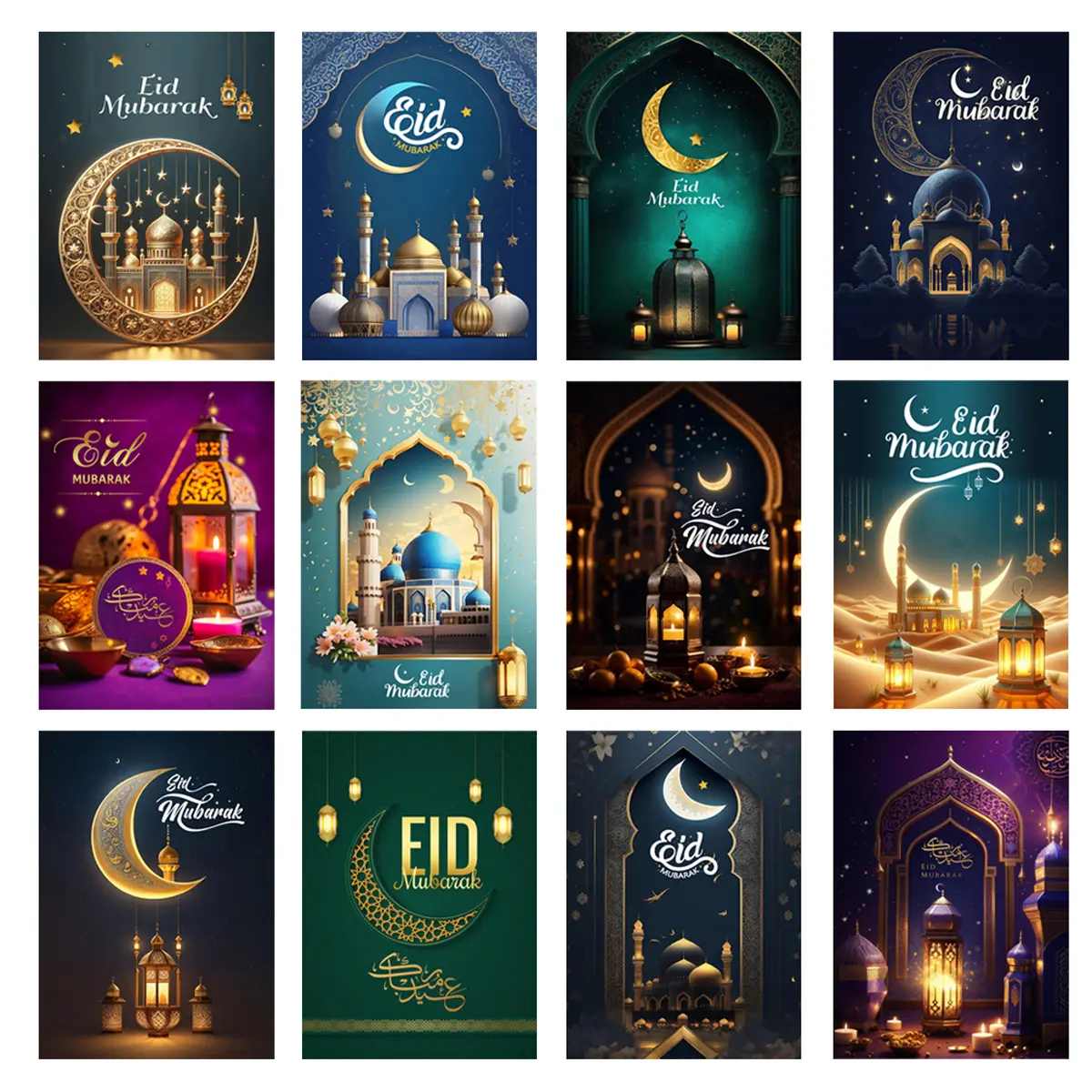 Papa Prints Pack of 12 Eid Mubarak Cards for Kids with Envelopes – Perfect for Ramadan