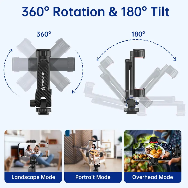 SYNCWIRE Tripod Phone Mount, Universal Smartphone Mount Adapter with 2 Cold Shoe and 1/4" Screw, 360° Rotates and 180° Tilts Adjustable Cell Phone Clamp Holder for Enhancing Mobile Photography Setup 1
