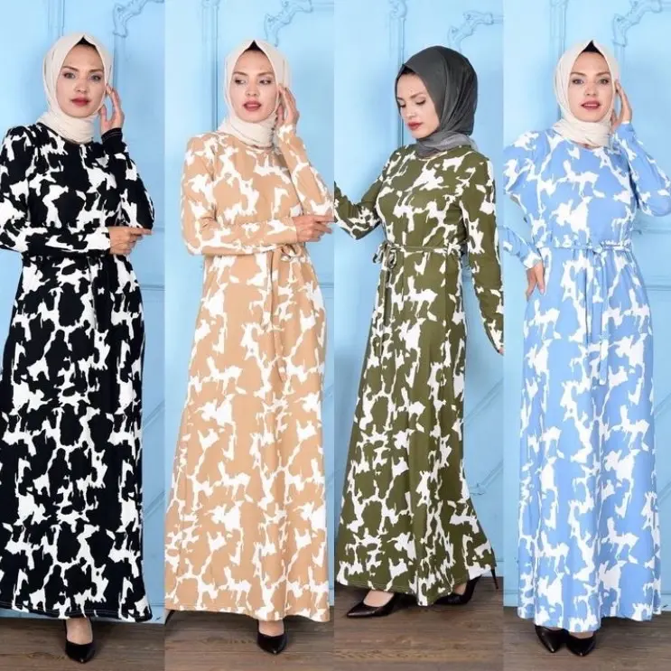 Women's Leopard/Cow Print Maxi Dress Abaya - Long Sleeve Floral Dress - Made In Turkey