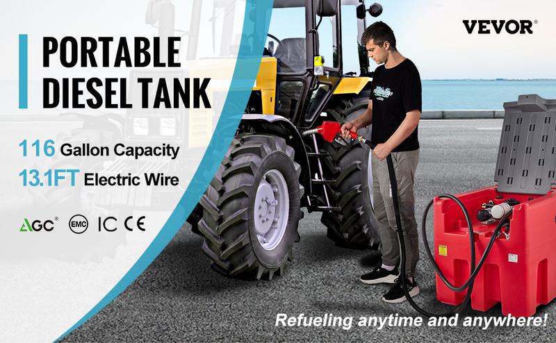 Product Introduction of VEVOR Portable Diesel Tank, 116 Gallon Capacity & 10 GPM Flow Rate, Diesel Fuel Tank with 12V Electric Transfer Pump and 13.1ft Rubber Hose, PE Diesel Transfer Tank for Easy Fuel Transportation, Red 0