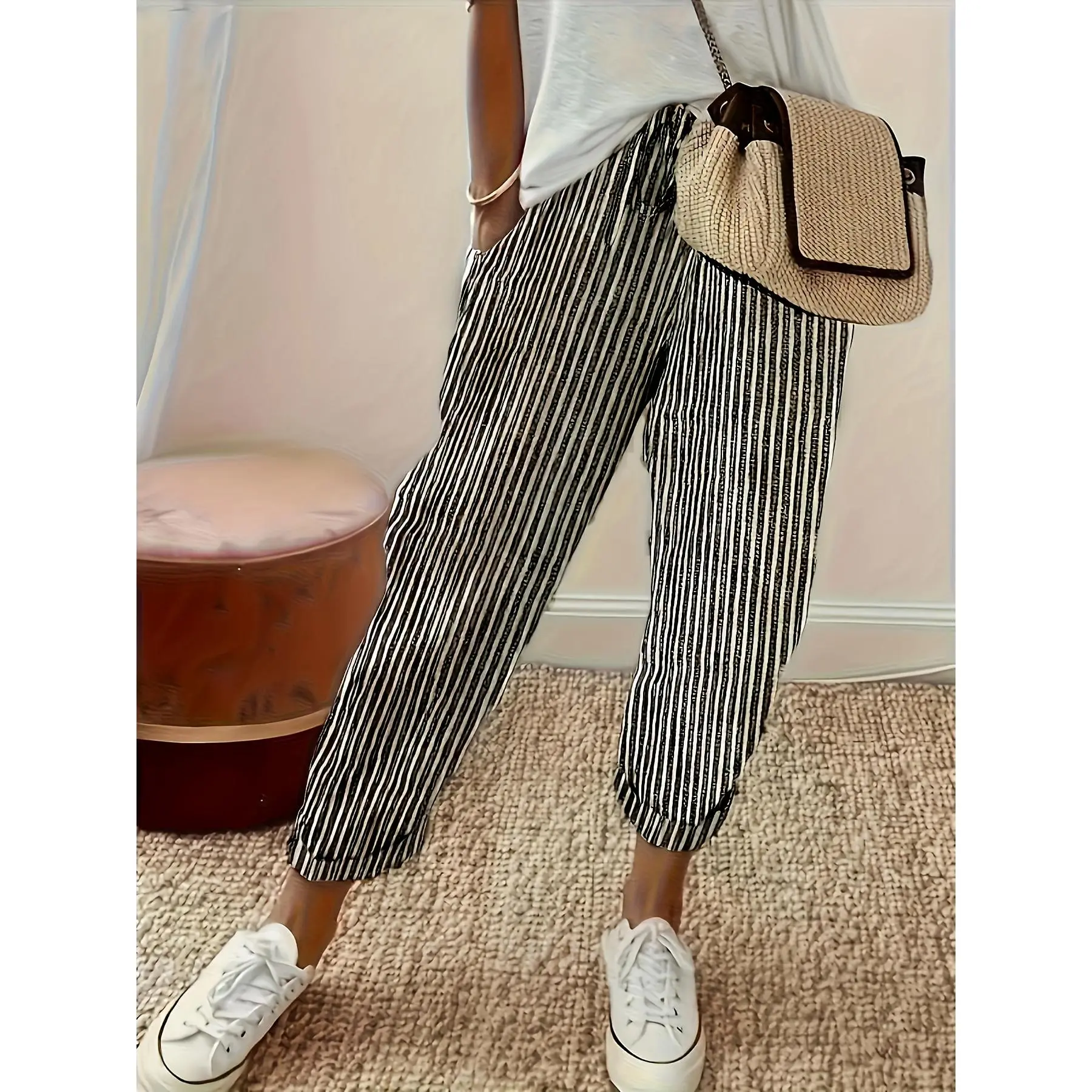 Women's Striped Wide-Leg Casual Pants - High-Waisted, Lightweight Polyester, Machine Washable, All-Season Comfort with Side Stripe Detail