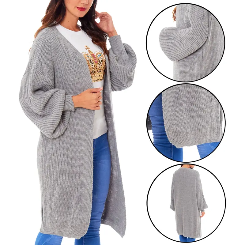 Long Ladies Balloon Sleeve Cardigan Oversized Pocket Chunky Weave Knitted Ribbed Jumper Comfort Knitwear 6