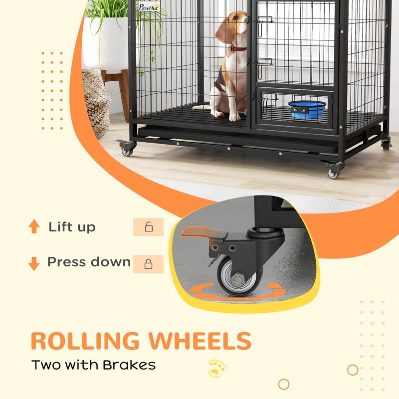 PawHut Heavy Duty Dog Crate on Wheels w/ Bowl Holder, Removable Tray, Openable Top, Detachable Door, for L, XL Dogs 8