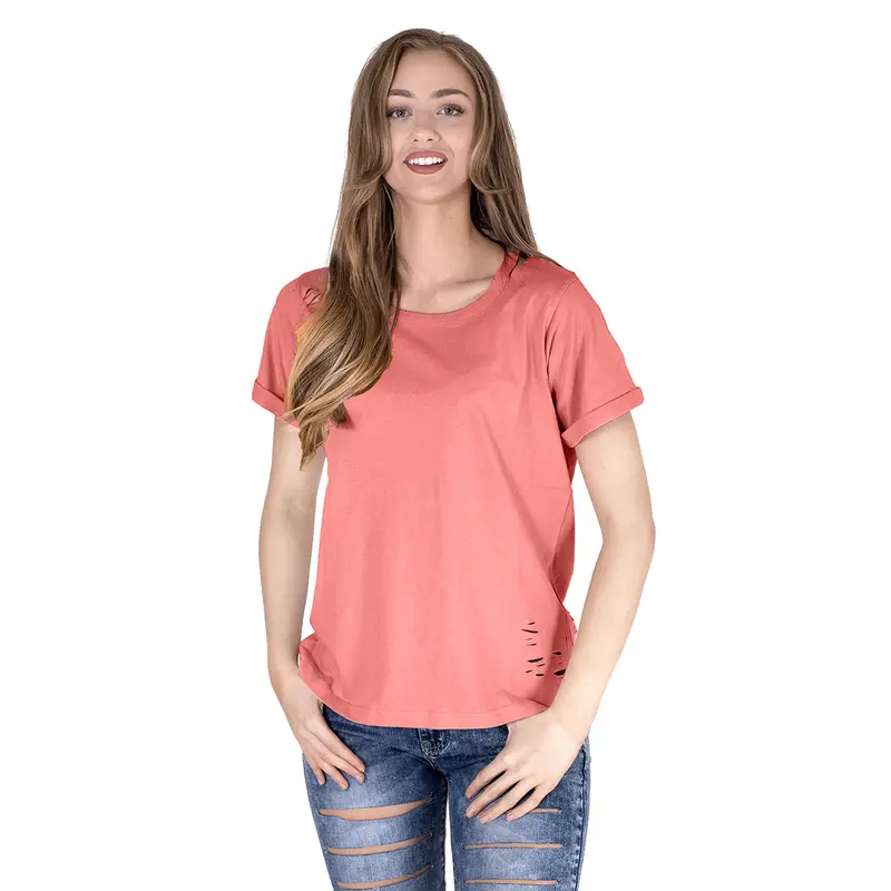 Noroze Women's Short Sleeve Plain T-Shirts Distressed Ripped Holes Nibble Cut Out Rounded Neck Casual T-shirt UK Sizes 6-18 3