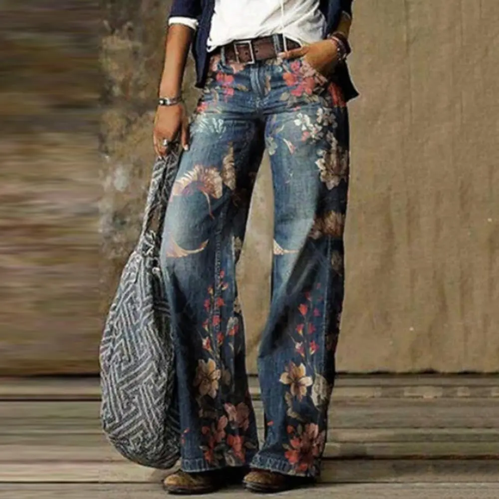 Retro Trousers High Waist Wide Leg Pants Loose Women Long Floral Print Jeans Trousers Fashion Womenswear