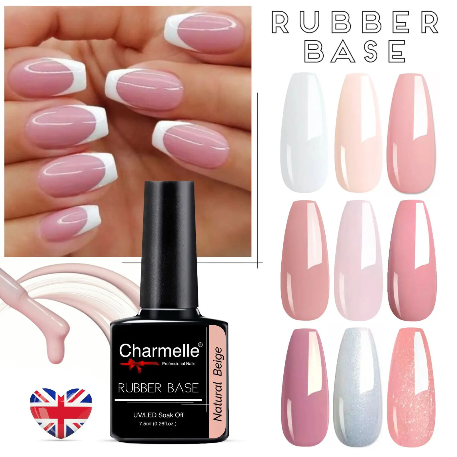 Camouflage Rubber Base Coat Nail Gel Polish Nude Milky White Cover Colour French Manicure Cover CHARMELLE 10ml to be used with UV / LED Lamp High Gloss Long-lasting 7.5ml Bottle Nails UK Nail Art Nail Care