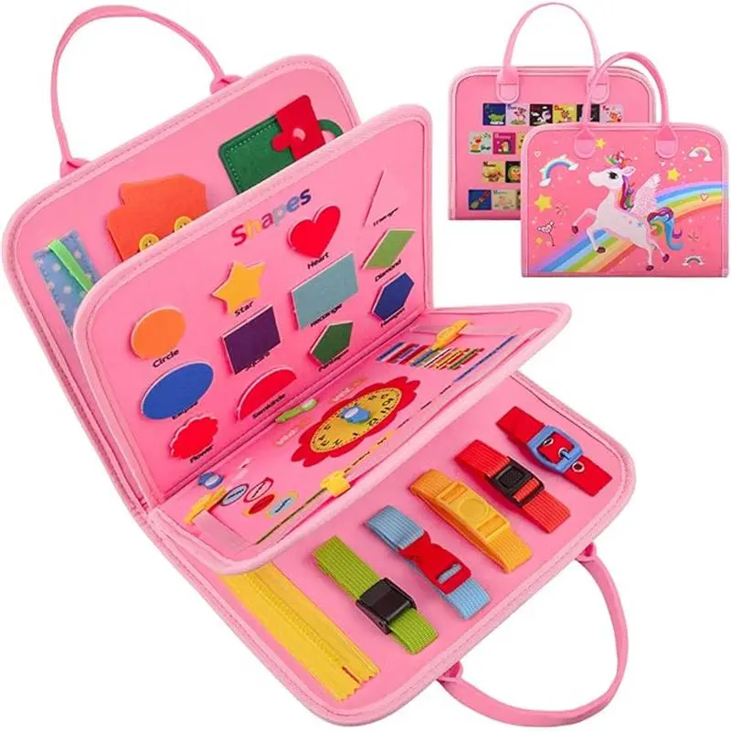 Busy Board for Toddlers, 34 IN 1 Montessori Toys Sensory Activities Preschool Educational Toys for Learning Fine Motor Skills for 2 3 4 5 6 Years, Travel Toys on Plane for Girls Gift - Pink/Unicorn 7