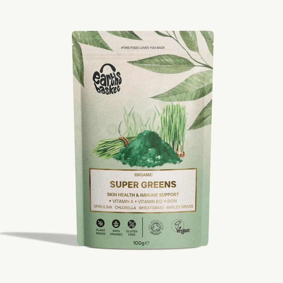 Earths Basket Organic Super Greens Powder 100g (Blend of Spirulina Powder, Chlorella Powder, Wheatgrass Powder & Barley Grass Powder - Vitamin A, B12 & Iron) Supplement Optimum Fitness Edible Dietary Healthcare