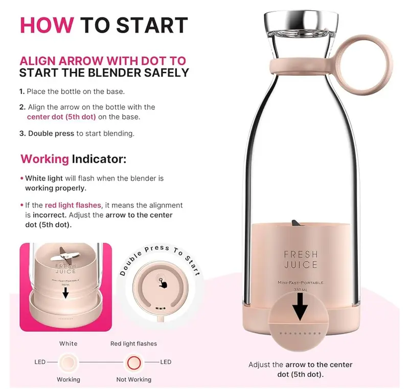 BlendN’Go Portable Blender for Shakes and Smoothies 350ML (PINK) - Rechargeable and Travel-Friendly 5