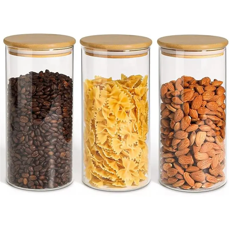 34 oz Glass Storage Jars with Lids Set of 3 - High Borosilicate Glass Airtight Kitchen Food Canisters Cylinder Clear Preserving Seal Containers with Lid for Canning Cereal,Pasta,Spices Utensils Food Storage