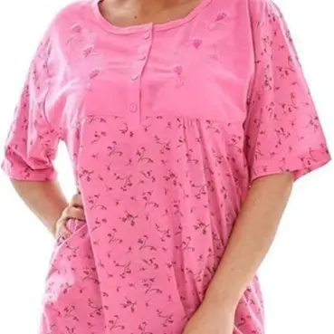New Ladies Nightdress Floral Print Short Sleeve Rich Cotton Buttons Nightshirt UK 3