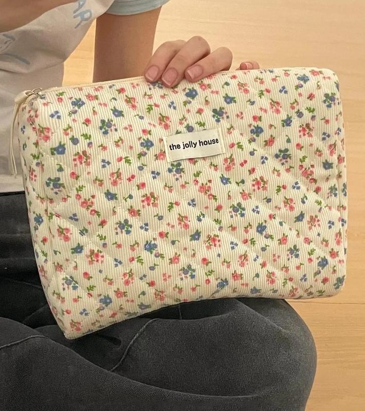 Christmas Gift Ditsy Chic Floral Design Quilted Makeup Bag Set - 3 Count Corduroy Cosmetic Storage Bag for Outing and Travel - Durable & Easy Care 4