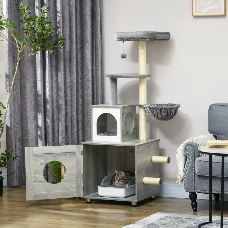 PawHut Enclosed Cat Litter Box with Cat House, Cat Bed, Scratching Posts, Platforms, for Indoor Cats - Grey 1