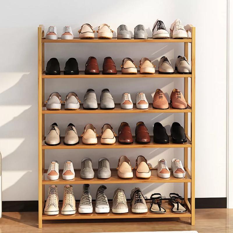 Bamboo Shoe Rack 6 Tiers with Wooden Shelves - UK Footwear Organiser 4
