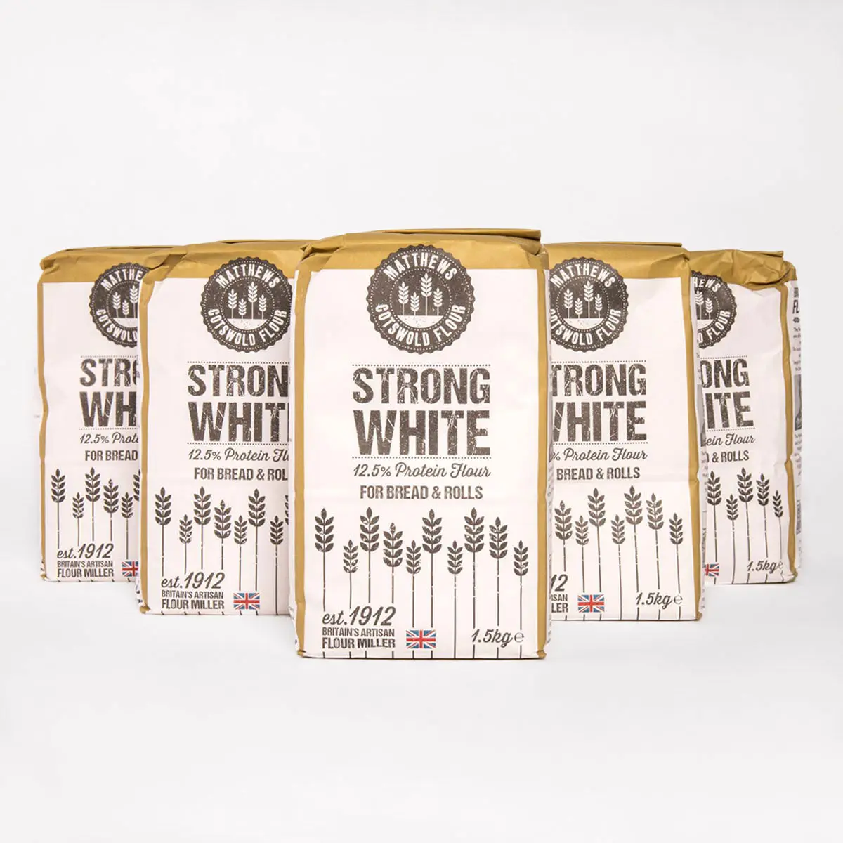 Matthews Cotswold Strong White Flour | Specialty High Gluten and Protein Flour | Milled in Britain from Premium British Wheat | For Baking Artisan Bread, Sourdough Bread and Starter, Rolls, and other Bread Recipes | 12.5% Protein | 1.5kg Bag (Pack of 5)