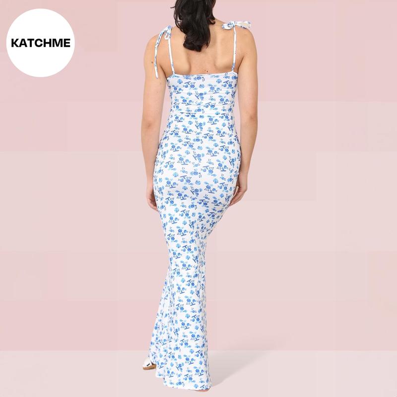 KatchMe Fresh Womenswear Adjustable Strap Floral Print Tie-Up Slinky Maxi Dress,Summer Mermaid Tail Dresses for Women,Birthday Outfits,Womenswear 6