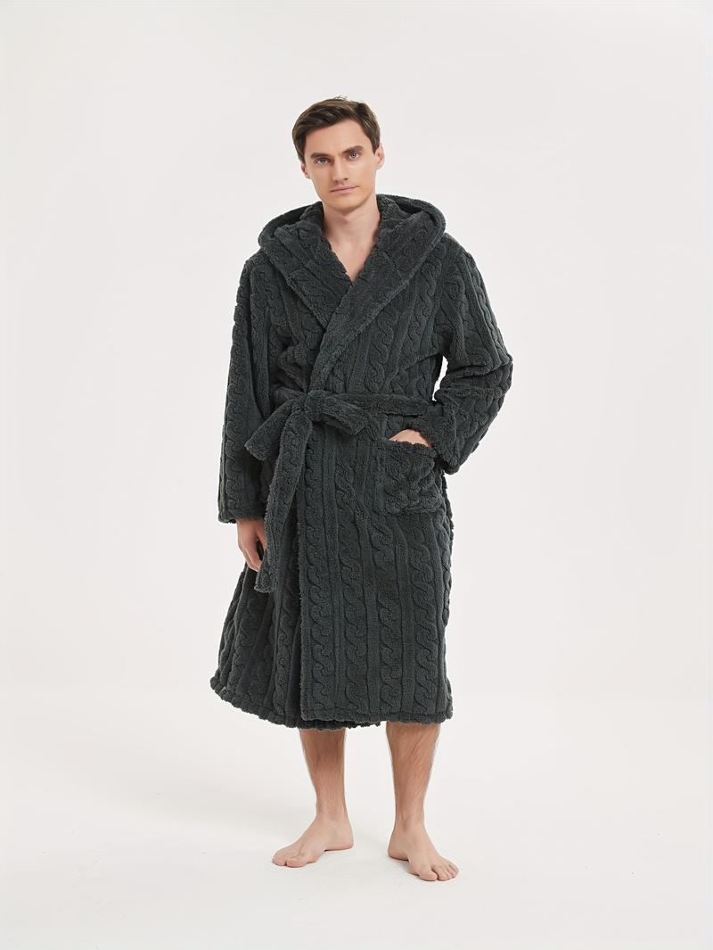 Product Introduction of Men's Comfy Solid Fleece Robe Home Hooded Pajamas Wear With Pocket & Hair Dry Hat, One-piece Lace Up Kimono Night-robe Warm Sets After Bath 15