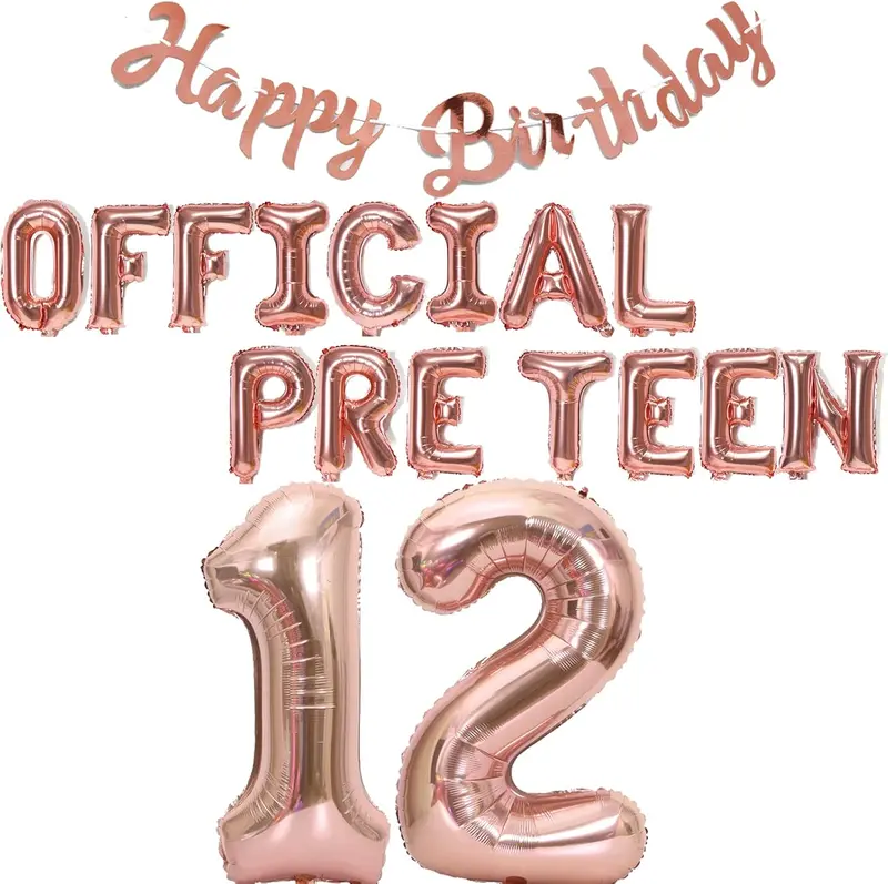 12th Birthday Decorations for Girls, Official Pre-Teen 12th Birthday Balloon Happy 12th Birthday Banner Number 12 Foil Balloons for 12 Years Old Birthday Anniversary Supplies Girls(Rose gold) 0